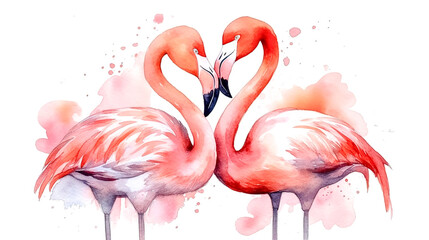 Two pink flamingos on a white background, generative AI.