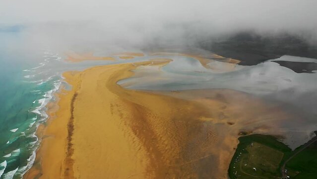 Aerial view of Radisandur coastline with sand, Westfjords, Iceland.