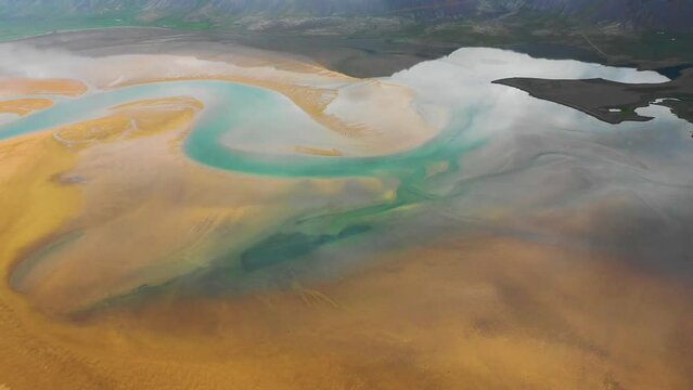 Aerial view of Radisandur coastline with sand, Westfjords, Iceland.