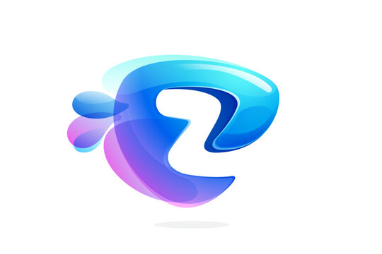 Z letter logo made of spring water and dew drops. Environment friendly initial. Pure eco emblem in overlapping watercolor style. 3D realistic icon in round triangle arrow shape. Vector play button.