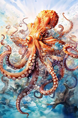 Fototapeta premium Large furious sea octopus in sea water with splashes and white foam. Watercolor painting.