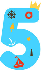 Number 5 blue with crown sea elements.