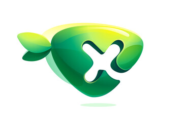 Environment friendly X letter initial. 3D realistic icon cut out of triangle arrow shape. Forest eco logo with green leaves in watercolor style. Vector for play button, healthy food, agriculture adv.