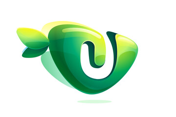 Environment friendly U letter initial. 3D realistic icon cut out of triangle arrow shape. Forest eco logo with green leaves in watercolor style. Vector for play button, healthy food, agriculture adv.