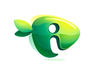 Environment friendly I letter initial. 3D realistic icon cut out of triangle arrow shape. Forest eco logo with green leaves in watercolor style. Vector for play button, healthy food, agriculture adv.