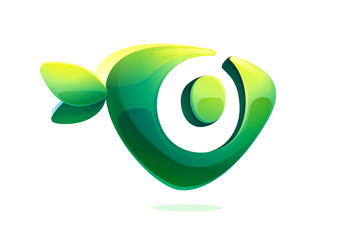 0 logo. Environment friendly number zero. 3D realistic icon cut out of triangle arrow shape. Watercolor forest eco logo with green leaves. Vector for play button, healthy food, agriculture adv.