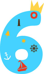 Number 6 blue with crown sea elements.