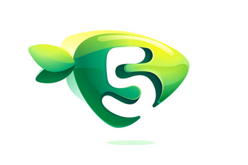 5 logo. Environment friendly number five. 3D realistic icon cut out of triangle arrow shape. Watercolor forest eco logo with green leaves. Vector for play button, healthy food, agriculture adv.