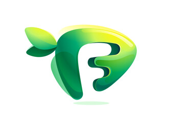 Environment friendly F letter initial. 3D realistic icon cut out of triangle arrow shape. Forest eco logo with green leaves in watercolor style. Vector for play button, healthy food, agriculture adv.