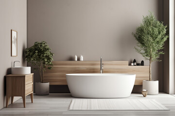 Fototapeta na wymiar A bathroom with a white tub and sink. Generative AI