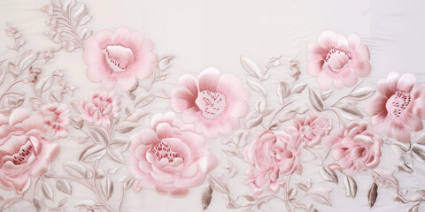 embroidered shabby chic baroque roses pattern, high relief embroidery, pastel pink. Generative AI