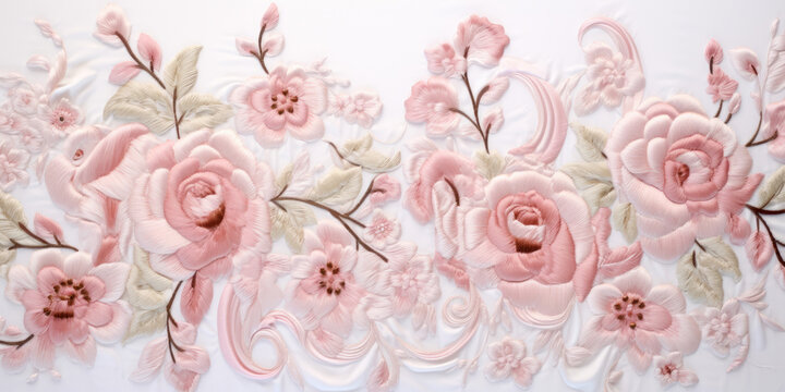 embroidered shabby chic baroque roses pattern, high relief embroidery, pastel pink. Generative AI