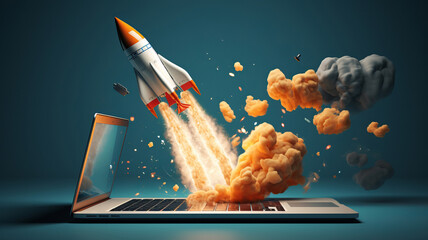 A rocket ship flying above a laptop with a rocket launcher. Generative AI