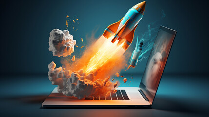 A rocket ship flying above a laptop with a rocket launcher. Generative AI
