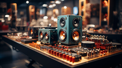 Speakers and music equipment on display in music store. Generative Ai