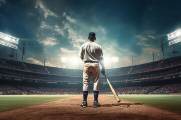 baseball player with bat on baseball field, in the style of spectacular backdrops. Generative AI