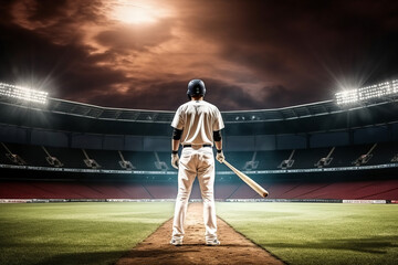 Fototapeta na wymiar baseball player with bat on baseball field, in the style of spectacular backdrops. Generative AI