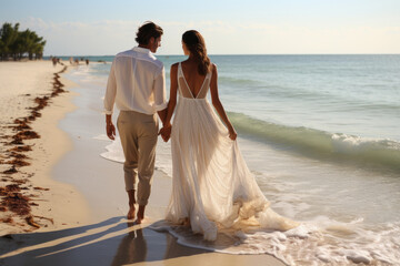 Beach wedding bride and groom walking away down the beach by the water hi definition. Generative AI - obrazy, fototapety, plakaty