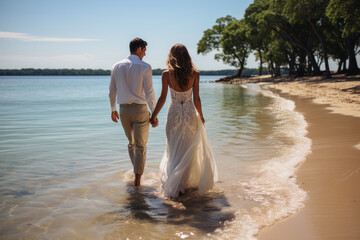 Fototapeta na wymiar Beach wedding bride and groom walking away down the beach by the water hi definition. Generative AI