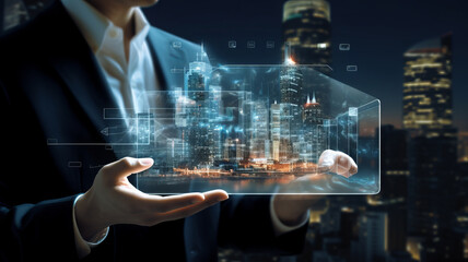 Businessperson holding tablet with city icons on it, in the style of planar art, nightscapes, night photography. Generative AI