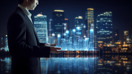 Fototapeta premium Businessperson holding tablet with city icons on it, in the style of planar art, nightscapes, night photography. Generative AI