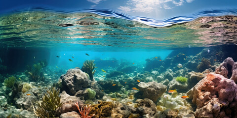 Marine life under sea water, water surface, sea sponge, different fish, seabed, blue sky.