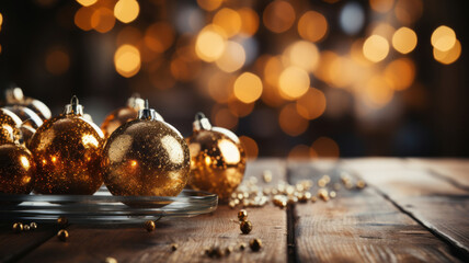 Christmas table background with christmas tree lighting, in the style of rustic core, yellow and brown, light black and brown, lens flares. Generative AI