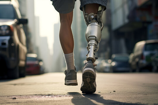 close-up of a prosthetic leg of a person with a running shoe on against the background of a street. Generative AI
