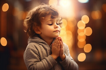 Cute small boy praying in the church and Jesus giving blessing, cinematic effect, studios light. Generative AI - obrazy, fototapety, plakaty