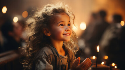 cute small girl praying in the church and Jesus giving blessing, cinematic effect, studios light. Generative AI