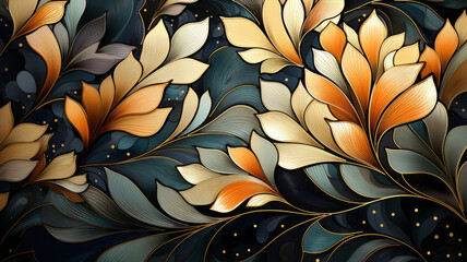 decorative art deco modern geometric pattern in gold and black, in the style of abstracted botanical illustrations. Generative AI