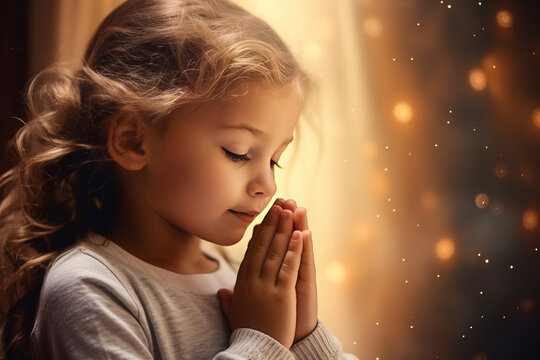 cute small girl praying in the church and Jesus giving blessing, cinematic effect, studios light. Generative AI