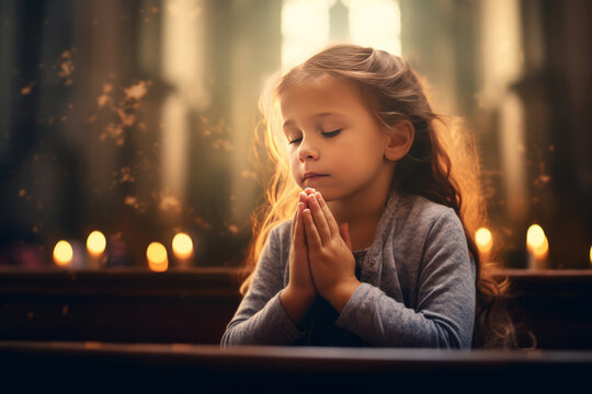 cute small girl praying in the church and Jesus giving blessing, cinematic effect, studios light. Generative AI