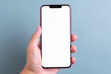 hand holding a white smartphone with a blank screen. Generative AI