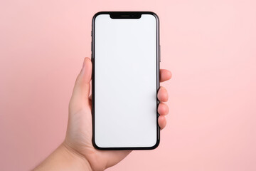 hand holding a white smartphone with a blank screen. Generative AI