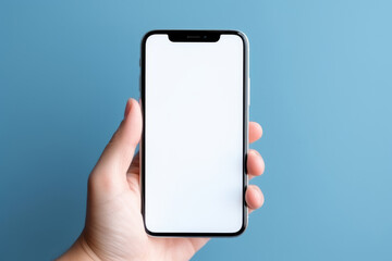 hand holding a white smartphone with a blank screen. Generative AI