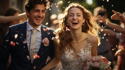 Obraz na płótnie Canvas Happy wedding photography of bride and groom at wedding.. Generative AI