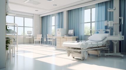 Hospital room with beds in white tones. Generative AI