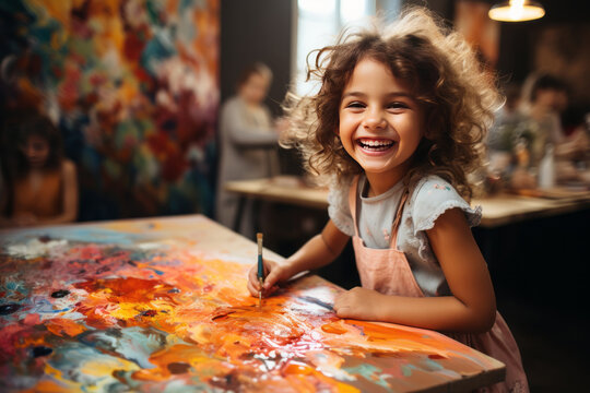 Naklejki Girl holding a paintbrush, facing the camera, drawing on a wooden table, children's room background. Generative AI