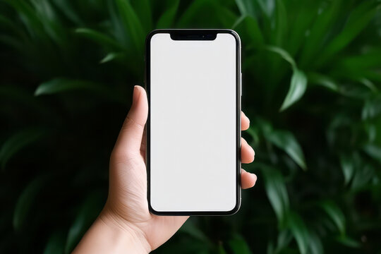 hand holding a white smartphone with a blank screen. Generative AI