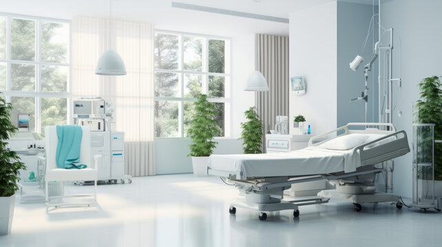 Hospital room with beds in white tones. Generative AI