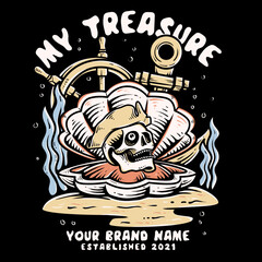 the skull head inside the shell in the under water of ocean