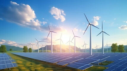 Solar panels and wind turbines on summer. Generative AI