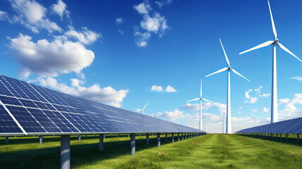 Solar panels and wind turbines on summer. Generative AI