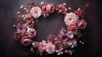 Subtly textured wreath of light pink painted flowers. Generative AI