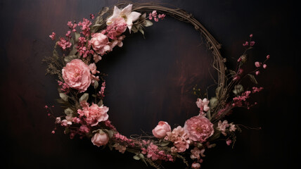 Subtly textured wreath of light pink painted flowers. Generative AI