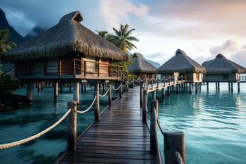 The piers with thatched huts in the sea at bora bora. Generative AI - obrazy, fototapety, plakaty