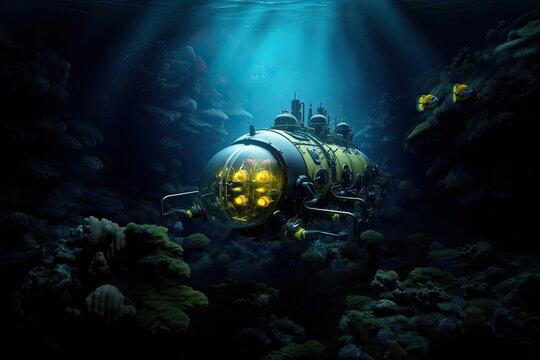 A research submersible floats near the ocean floor. Exploration of the deep sea as a key to understanding the origin of life.