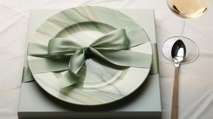 Two plates with gift wrapped on them, with a wine glass. Generative AI