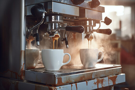 Two coffee cups being poured by espresso machine. Generative AI